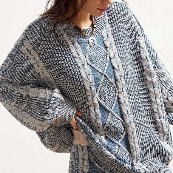 Blue And White Casual Boho Women's Sweater - Picture 4 of 8